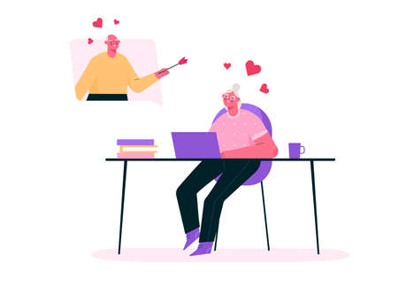 Virtual relationships. Online date during quarantine . Senior couple chatting online, meeting at dating app, talking via video chat. Old man and woman in love. Vector flat cartoon illustration.のイラスト素材