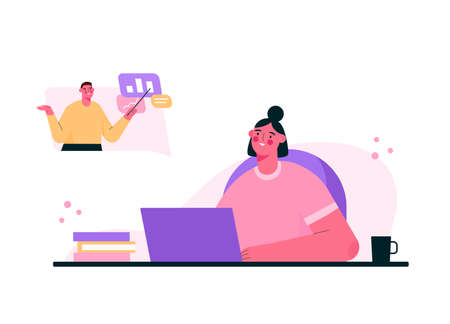 Online education or remote work concept. Student learning, working online at home. Woman sitting at desk, looking at computer screen and Studying. Books and exercise books. Flat vector illustration.のイラスト素材