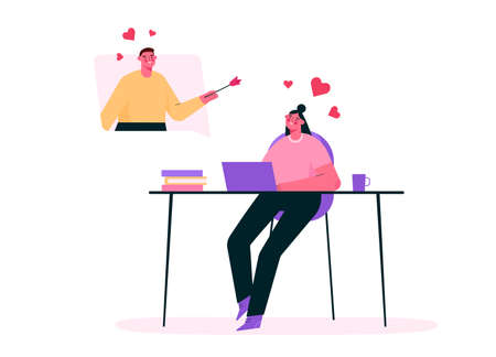 Virtual relationships. Online date during quarantine and self-isolation. Couple chatting online, meeting at dating app, talking via video chat. Man and woman in love. Vector flat cartoon illustration.のイラスト素材