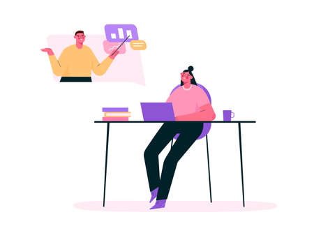 Online education or remote work concept. Student learning, working online at home. Woman sitting at desk, looking at computer screen and Studying. Books and exercise books. Flat vector illustration.のイラスト素材