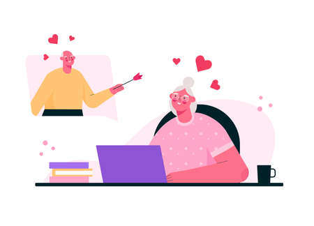 Virtual relationships. Online date during quarantine . Senior couple chatting online, meeting at dating app, talking via video chat. Old man and woman in love. Vector flat cartoon illustration.のイラスト素材