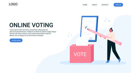 Voting online, e-voting, election internet system, survey. Tiny woman is filling out a paper survey. Concept of online choices with box, bulletins on smartphone screen. Checklist online. Landing page.のイラスト素材