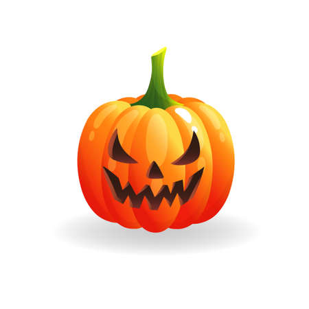 Spooky Halloween pumpkin with scary face. Orange pumpkin on white background. Autumn holidays. Template for greeting card poster, brochure, flyer. Vector cartoon illustration.のイラスト素材