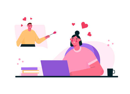 Virtual relationships. Online date during quarantine and self-isolation. Couple chatting online, meeting at dating app, talking via video chat. Man and woman in love. Vector flat cartoon illustration.のイラスト素材