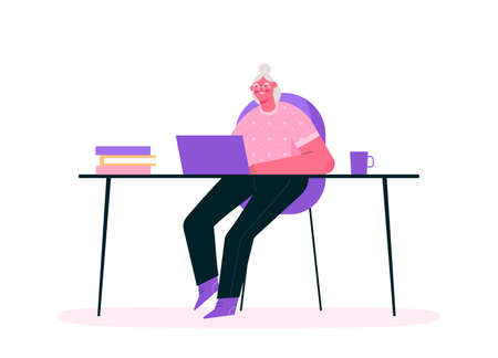 Remote work or senior education online. Old woman working at home office, sitting at desk in room, looking at computer screen and talking with colleagues online. Home office. Flat vector illustration.のイラスト素材