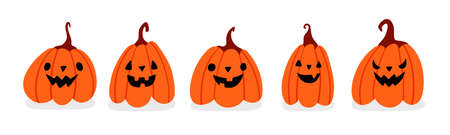 Set of spooky Halloween pumpkins with various face. Orange pumpkins with emotions on white background. Autumn holidays. Template for greeting card, poster, flyer. Vector flat cartoon illustration.のイラスト素材