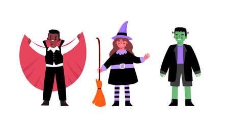 Cute Halloween Set of cartoon characters. Children in costumes for Halloween. Witch, vampire, dracula, Frankenstein's monster, zombie. Funny and cute carnival kids set. Vector illustrationのイラスト素材