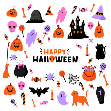 Cute Halloween flat cartoon vector set. Pumpkin, ghost, cat, bat, candy and other traditional elements. Lettering phrase Happy Halloween .Halloween Design Elements for packaging, cards, postersのイラスト素材