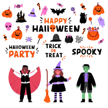Cute Halloween flat cartoon vector set. Pumpkin, ghost, cat, bat, candy, witch, vampire, dracula, Frankensteins monster. Lettering phrases Trick or treat, Halloween party. Children in costumes.のイラスト素材