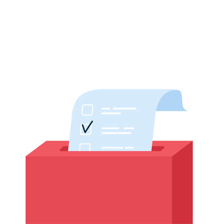 Vote box with checklist. Putting paper in ballot box. Election concept. Flat design vector illustration, can be use for landing page, web, ui, banner, flyer, poster, template.のイラスト素材