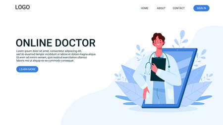 Online medical consultation, support. Online doctor. Healthcare services. Family male doctor with stethoscope on smartphone. Online medical advise or consultation service, tele medicine. Landing page.のイラスト素材