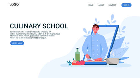 Online culinary school. Online recipe, Man chef teaches cooking new recipe. Food Blog, channel. Video tutorial. Online education, distance learning. Flat Cartoon Vector Illustration. Landing page.のイラスト素材