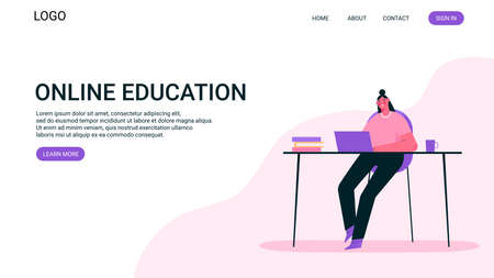 Remote work or online education concept. Woman working at home office, looking at computer screen and talking with colleagues online. Home office. Flat vector illustration. Landing page.のイラスト素材