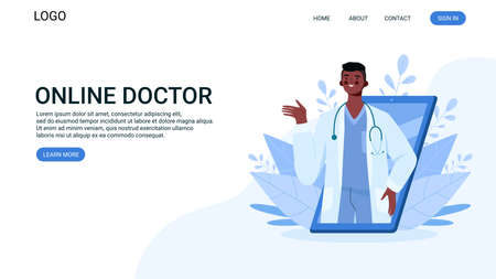 Online medical consultation, support. Online doctor. Healthcare services. Family male doctor with stethoscope on smartphone. Online medical advise or consultation service. Landing page.のイラスト素材