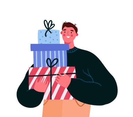 Happy man carrying wrapped gift boxes. Man preparing presents for Xmas and New year. Christmas festive season shopping illustration. Cartoon flat vector illustration.のイラスト素材