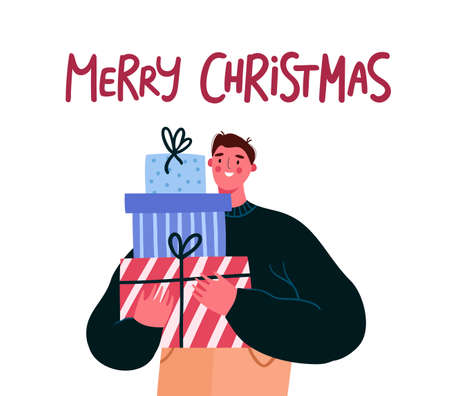 Happy man carrying wrapped gift boxes. Man preparing presents for Xmas and New year. Merry Christmas inscription. Christmas festive season shopping illustration. Cartoon flat vector illustration.のイラスト素材