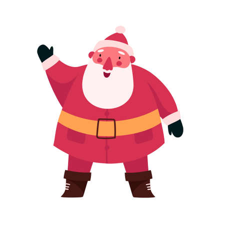 Christmas funny happy Santa Claus character waving and greeting. New year flat cartoon vector illustrations isolated on white background. For Christmas cards, banners, posters.のイラスト素材