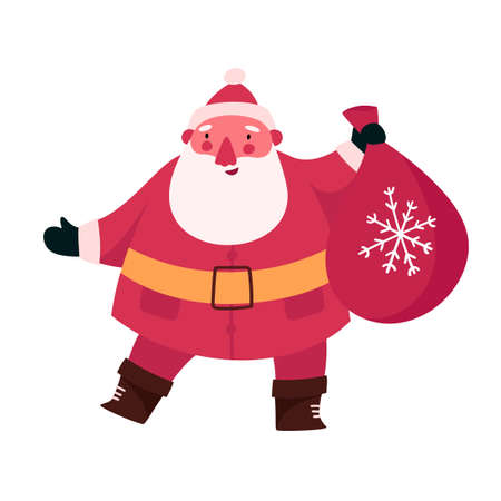 Christmas funny happy Santa Claus character with gift, bag with presents. New year flat cartoon vector illustrations isolated on white background. For Christmas cards, banners, posters.のイラスト素材