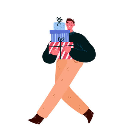 Happy man walking and carrying wrapped gift boxes. Man preparing presents for Xmas and New year. Christmas festive season shopping illustration. Cartoon flat vector illustration.のイラスト素材