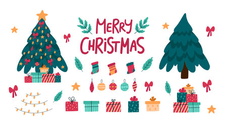Christmas decorative Collection. Festive set with xmas fir tree, gift boxes, balls, garlands, socks, isolated on white background. Flat cartoon vector elements for holiday design.のイラスト素材