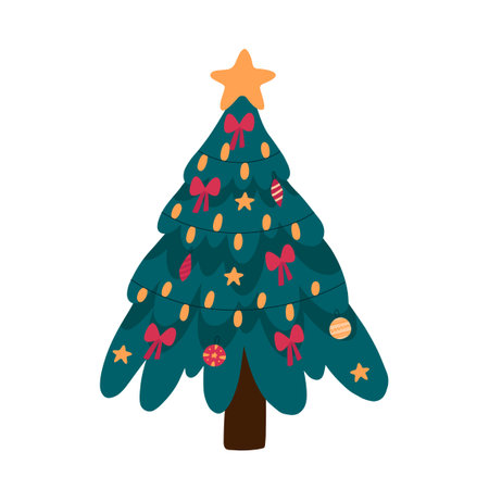 Christmas tree with xmas decorations, star, lights, decoration balls, lamps. Merry Christmas and a happy new year. Flat cartoon vector illustration.のイラスト素材