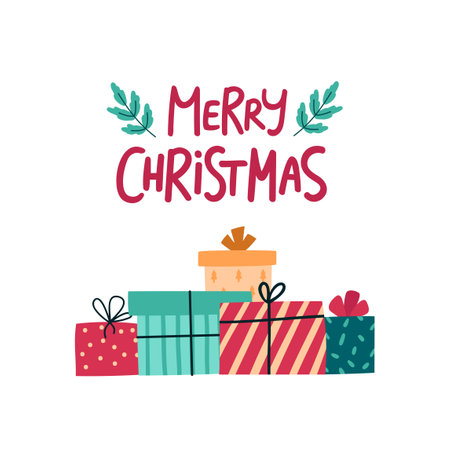 Greeting card with Christmas gift boxes . Festive boxes of present with ribbon bow. Merry Christmas hand drawn lettering . Isolated flat cartoon vector illustration.のイラスト素材