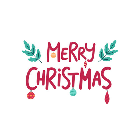 Merry Christmas hand drawn lettering. Greeting card or invitation. Wishing handwritten postcard. Vector illustration isolated on white background.のイラスト素材