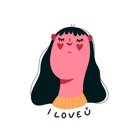 Cute Valentines day card with woman in love isolated in a white background. I love u lettering. Flat cartoon vector illustration.のイラスト素材