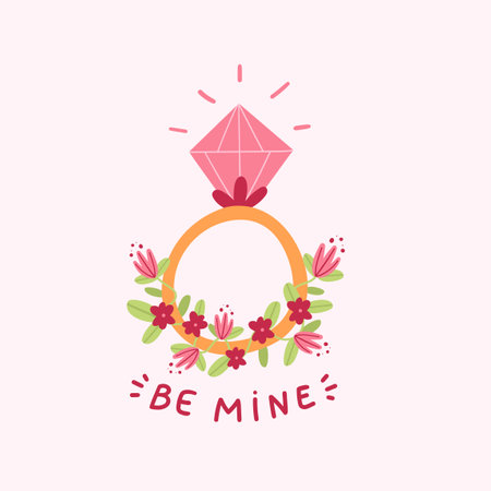 Cute, romantic Valentines day card with a wedding ring . Be mine. Wedding ring with a pink diamond. Flat cartoon vector illustration.のイラスト素材