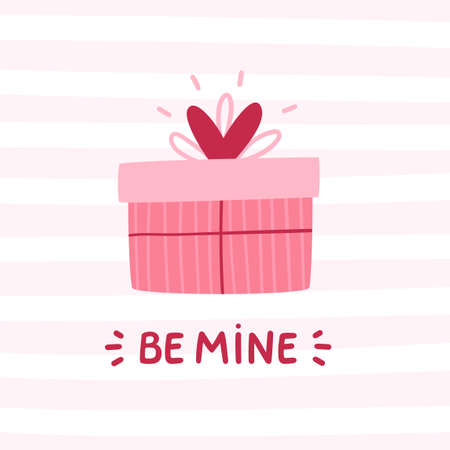 Cute, romantic Valentines day card with pink wrapped gift box. Be mine. Festive box with heart. Flat cartoon vector illustration.のイラスト素材