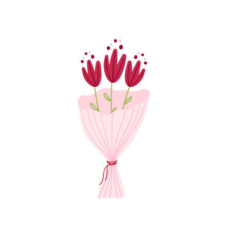 Flower bouquet isolated on a white background. Bunch of red flowers, roses . Vector hand drawn cartoon illustration.のイラスト素材