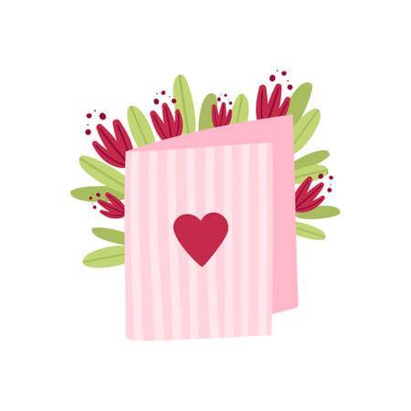Cute, romantic Valentine's day greeting Card with heart and flowers isolated on a white background. Flat cartoon vector illustrationのイラスト素材