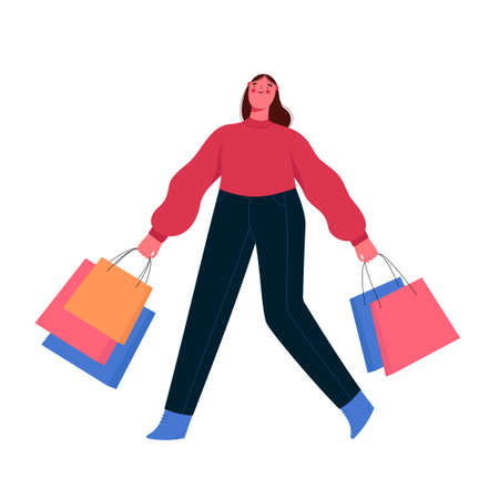 Happy woman with colorful shopping bags. Big Sale. Vector flat cartoon illustration isolated on a white background.のイラスト素材