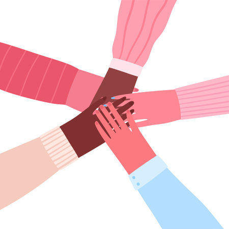 Men and women putting their hands together. Teamwork concept. Flat cartoon vector illustration.のイラスト素材