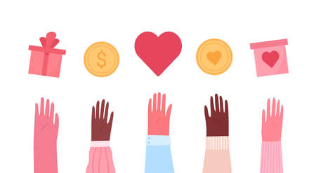 Concept of charity and donation. People give and share love, money, boxes, food, medicines. Flat...