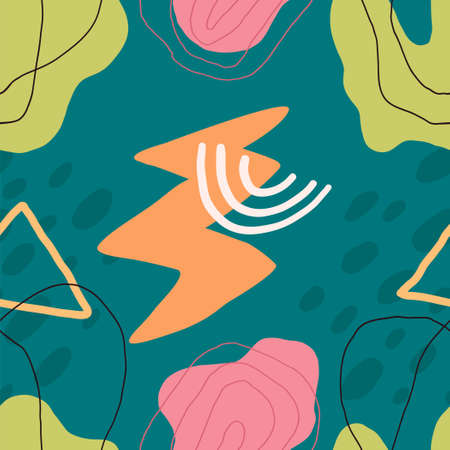 Cute abstract modern seamless pattern. Hand drawn colorful shapes and doodle elements. Trendy vector design for wrapping paper, textile print, wallpaper.のイラスト素材