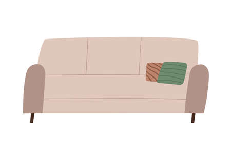 Cozy sofa with pollows isolated on white background. Flat cartoon vector illustration.のイラスト素材