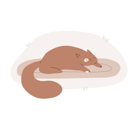 Cute adorable brown cat sleeping on pillow or rug. Flat cartoon vector illustration isolated on white background.のイラスト素材