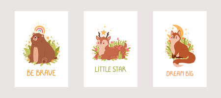 Set of cute cards with a little bear, deer and fox. Cute animal characters poster templates for children nursery room decor. Vector illustration.のイラスト素材