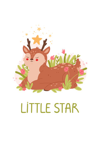 Cute card with an adorable deer. Little star. Cute animal character poster templates for childrens nursery room decor. Vector illustration.のイラスト素材