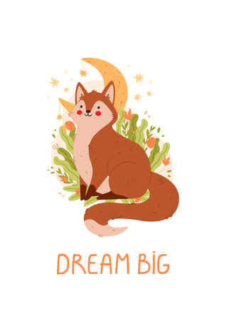 Cute card with an adorable fox. Dream big. Cute animal character poster templates for childrens nursery room decor. Vector illustration.のイラスト素材