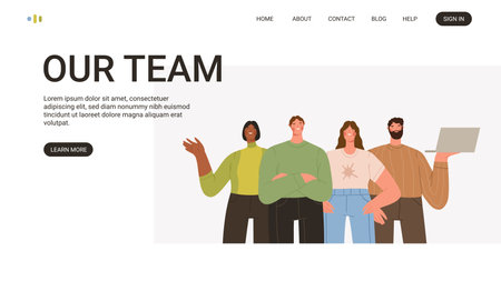 Landing page, web template for our team. Group of diverse office workers, clerks, employees, or colleagues standing together. Teamwork, cooperation, partnership. Flat graphic vector illustrations.のイラスト素材