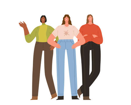 Group of three young strong women standing together. Female friendship, sisterhood or feminist activists. Girl power. Cartoon flat vector illustration.のイラスト素材