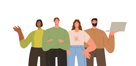 Group of diverse smiling people standing together. Team of cheerful male and female office workers, clerks, employees, or colleagues. Flat graphic vector illustrations.のイラスト素材