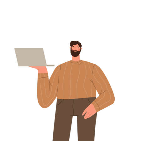 Portrait of young man in casual outfit holding laptop computer standing isolated on white...
