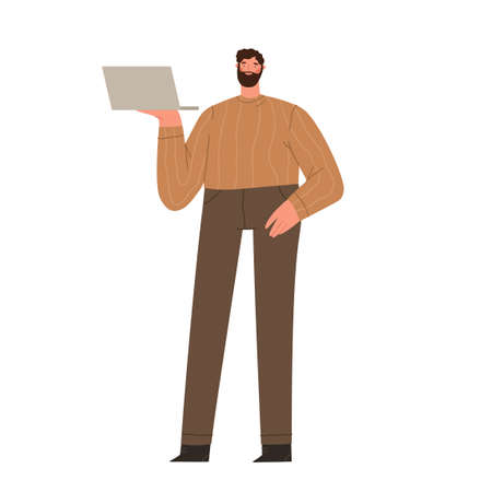 Young man in casual outfit holding laptop computer standing isolated on white background. Smiling programmer or businessman working. Cartoon flat vector illustration.のイラスト素材