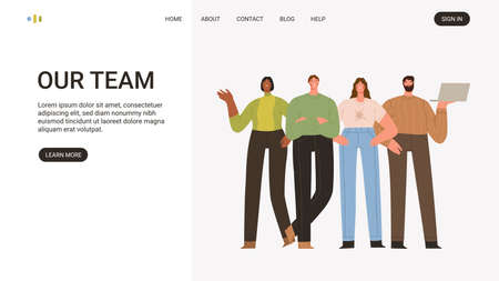 Landing page, web template for our team. Group of diverse office workers, clerks, employees, or colleagues standing together. Teamwork, cooperation, partnership. Flat graphic vector illustrations.のイラスト素材