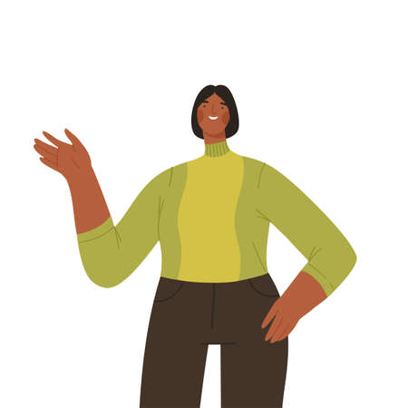 Portrait of young woman smiling and waving hand saying hi. Modern female character in casual clothes says hello. Cartoon flat vector illustration isolated on white background.のイラスト素材