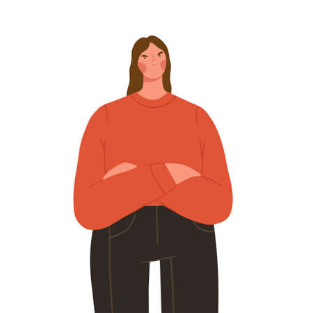 Angry offended woman with arms crossed. Frustrated female character with unhappy face expression. Flat graphic vector illustrations isolated on white backgroun.のイラスト素材