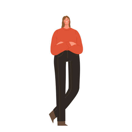 Young woman in casual outfit with crossed arms. Modern smiling female character standing isolated on white background. Cartoon flat vector illustration.のイラスト素材
